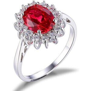 Sterling Silver-Created Ruby Princess Diana Class Birthstone Halo Ring